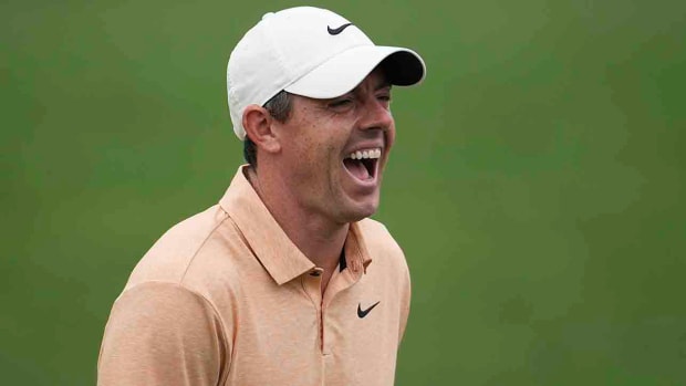 Rory McIlroy is pictured in a practice round for the 2023 Masters.
